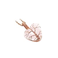 Rose Quartz Gemstone Necklace, Heart Shape Stone Necklace, Tree of Life Pendant, Copper Wire Jewelry