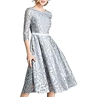 XINUO Women Dresses Fall Vintage Floral Lace A Line Midi Dress Tea Swing Dridesmaid Evening Cocktail Party Formal Dress