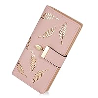 Women's Long Leaf Bifold Wallet Leather Card Holder Purse Zipper Buckle Elegant Clutch Wallet Handbag for Women - Pink