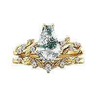 10K 14K 18k Solid Gold 2ct Vintage Coffin Shaped Gemstone Engagement Ring Set with Moissanite Leaf Art Deco Unique Ring Set Coffin Vine Gemstone Bridal Wedding Ring Set Size 4~15