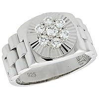 Mens Sterling Silver Cubic Zirconia Rolex Style Ring Clustered 1/2 inch wide