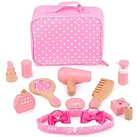 Bigjigs Toys Wooden Kids Vanity Case - 11pc Vanity Kit & Accessories with Pink Polka Dot Carry Bag, Ideal Pretend Play Toy & Gift for Girls