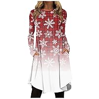 Plus Size Christmas Dress Women's Fashion Irregular Plaid Print Round Neck Long Sleeve Dresses