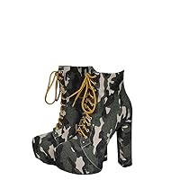 Frankie Hsu Sexy Chunky Platform High Heeled Bootie, Classic Yellow Camouflage Denim Vintage Fashion Chill Boot, Big Size Designer Short Shoes For Women Men