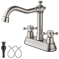 Aolemi Brushed Nickel 4 Inch Centerset Bathroom Faucet 2 Hole 2 Cross Handles Vintage Deck Mounted Sink Mixer Taps with Swivel Spout & Pop Up Drain for Bath Basin Lavatory Vanity