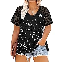 RITERA Womens Plus Size Tops Summer T-Shirts Casual Lace Short Sleeve Shirts V Neck Casual Elegant Tunic Blouses Black Stars 5XL 28W