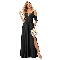 Raseal Off The Shoulder Chiffon Bridesmaid Dress with Slit A Line Empire Waist Pleats Bridesmaid Dress Long for Women RS036