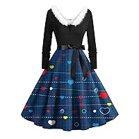 Women's Valentine Dress Casual and Fashionable Long Sleeved V-Neck Valentine's Day Print Matching Dress, S-2XL
