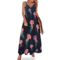Jelly Fish Women's Maxi Dress Casual V Neck Boho Sleeveless Beach Long Sundress Summer