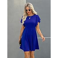 Women Dresses Solid Butterfly Sleeve Swing Dress (Color : Navy Blue, Size : 4X-Large)