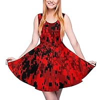 Red Digital Camouflage Printing Women's Beach Tank Dress Mini Swing Printed Sleeveless Summer