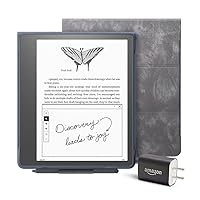 Kindle Scribe Essentials Bundle including Kindle Scribe (16 GB), Premium Pen, Brush Print Leather Folio Cover with Magnetic Attach - Tungsten, and Power Adapter
