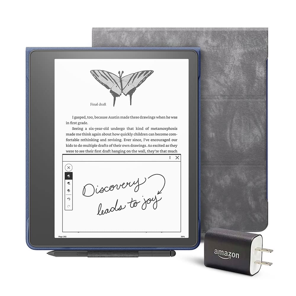 Kindle Scribe Essentials Bundle including Kindle Scribe (32 GB), Premium Pen, Brush Print Leather Folio Cover with Magnetic Attach - Tungsten, and Power Adapter