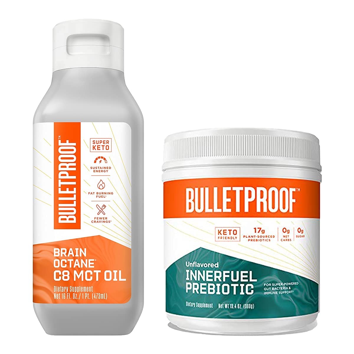 Bulletproof Brain Octane Premium C8 MCT Oil from Non-GMO Coconuts, 14g MCTs, 16 Fl Oz, InnerFuel Prebiotic Fiber Powder, Unflavored, 13.4 Oz