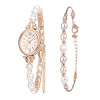 Clastyle Natural Pearls Watch and Bracelet Set for Women Rose Gold Ladies Dress Watch Set Mothers Day Gift Stylish Oval Dial Wrist Watches with Pearl Bracelet