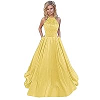 Tsbridal Women Halter A line Beaded Satin Prom Evening Dress Long Wedding Party Gown with Pockets