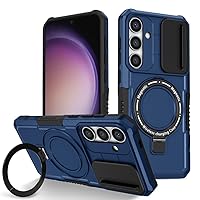 for Samsung Galaxy S24 Plus Stand Case with Camera Cover, Compatible with MagSafe, Heavy Duty Rugged Case with Built-in Kickstand Blue