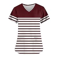 Scrubs for Women Short Sleeve Printing Scrubs Tops V Neck Working T-Shirts Soft Stretch Blouses with Pockets