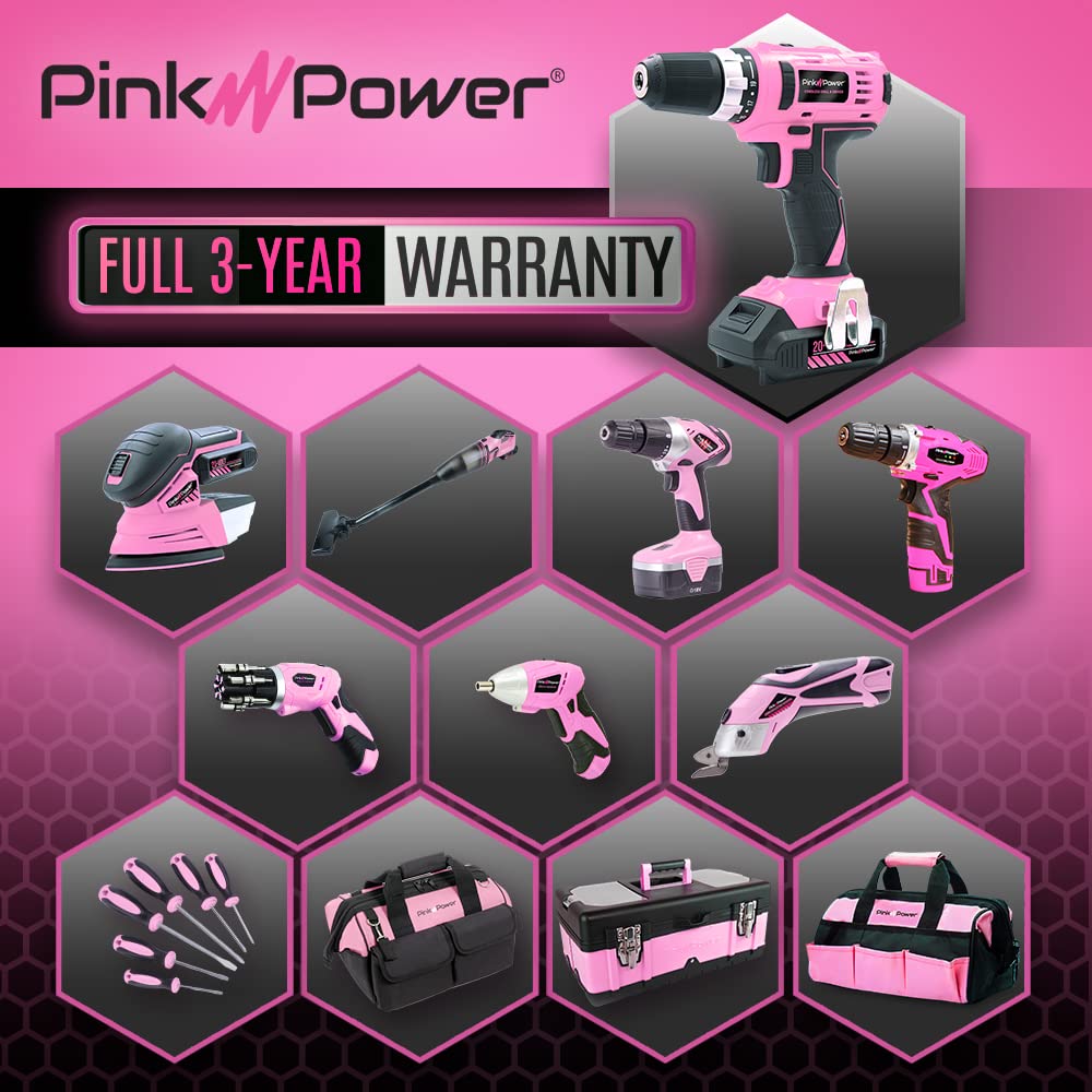Pink Power Pink Drill Set for Women 20V Cordless Drill Driver Tool Kit for Women Li-Ion Electric Drill, Power Drill w/Tool Bag, Battery, Charger & Bit Set - Lightweight Screwdriver Drill (Renewed)