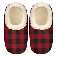 Red Black Plaid Women's Slippers, Classic Grid Soft Cozy Plush Lined House Slipper Shoes Indoor Non-Slip Slippers for Girls Boys Teenager