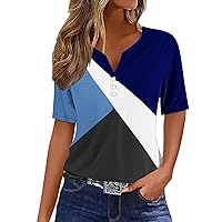 Womens Color Block Short Sleeve Tops Henley Shirts Summer Casual V Neck Button Up Blouse Loose Fit Tunic Tees