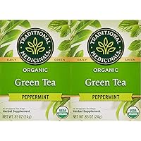 Traditional Medicinals Organic Green Tea Peppermint Herbal Tea, Alleviates Digestive Discomfort, (Pack of 2) - 16 Tea Bags