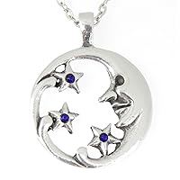 Pewter Moon Face with Stars Pendant on Chain with 3 Swarovski Crystals for Birthday
