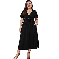 2024 Plus Size Maxi Dress - Curvy Women's Flowy Ruffle Sleeves Tie Waist for Wedding Guest Cocktail Party
