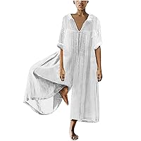 Oversized Jumpsuit for Women Flowy Wide Leg Pants Casual Solid Loose Rompers V Neck Cotton Linen Playsuit Outfits