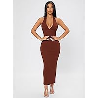 Dresses for Women Women's Dress Ribbed Knit Tie Backless Halter Bodycon Dress Dresses (Color : Brown, Size : XX-Small)