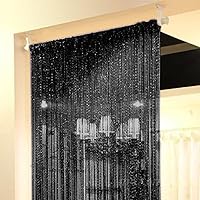 Door String Curtains,Rare Flat Silver Ribbon,Thread Fringe Window Panel Room Divider Cute Strip Tassel Party Events (110X110 Inch,1 Pack,Black)
