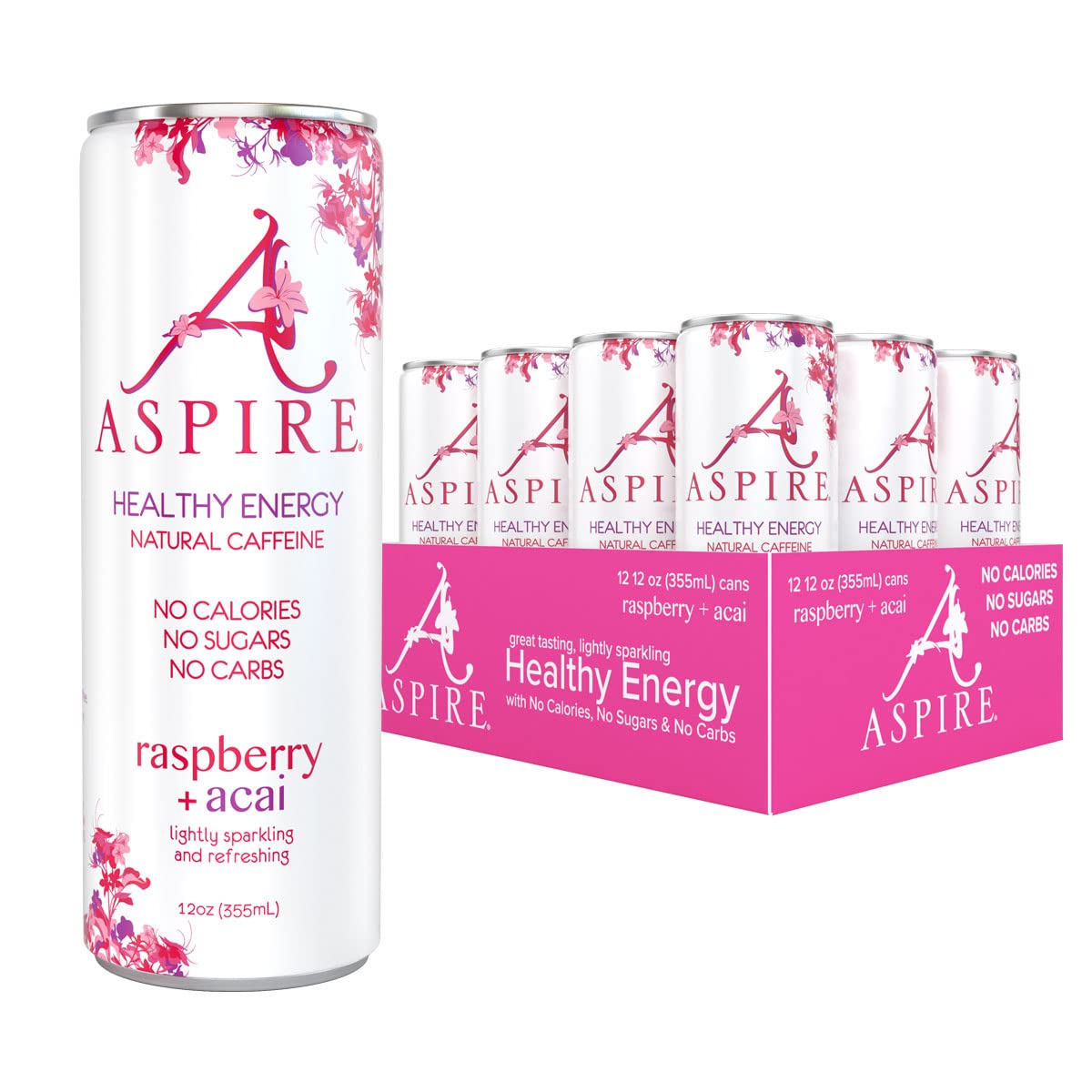 Aspire Healthy Energy, Raspberry Acai, Sugar Free Energy Drink,12 oz Cans, 80 mg of Natural Caffeine, Zero Sugar, Sparkling Caffenated Drink, Natur...