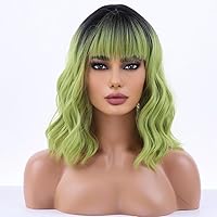 Green Ombre Wig Short Bob Wig Short Curly Wavy Hair Wig With Bangs Ombre Green Wig for Women Heat Resistant Synthetic Hair Wigs for Daily Use Cosplay Wig With Wig Cap