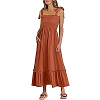 ANRABESS Women Summer Casual Strap Smocked Maxi Flowy Tiered A Line Beach Travel Sundress 2024 Wedding Guest Outfits