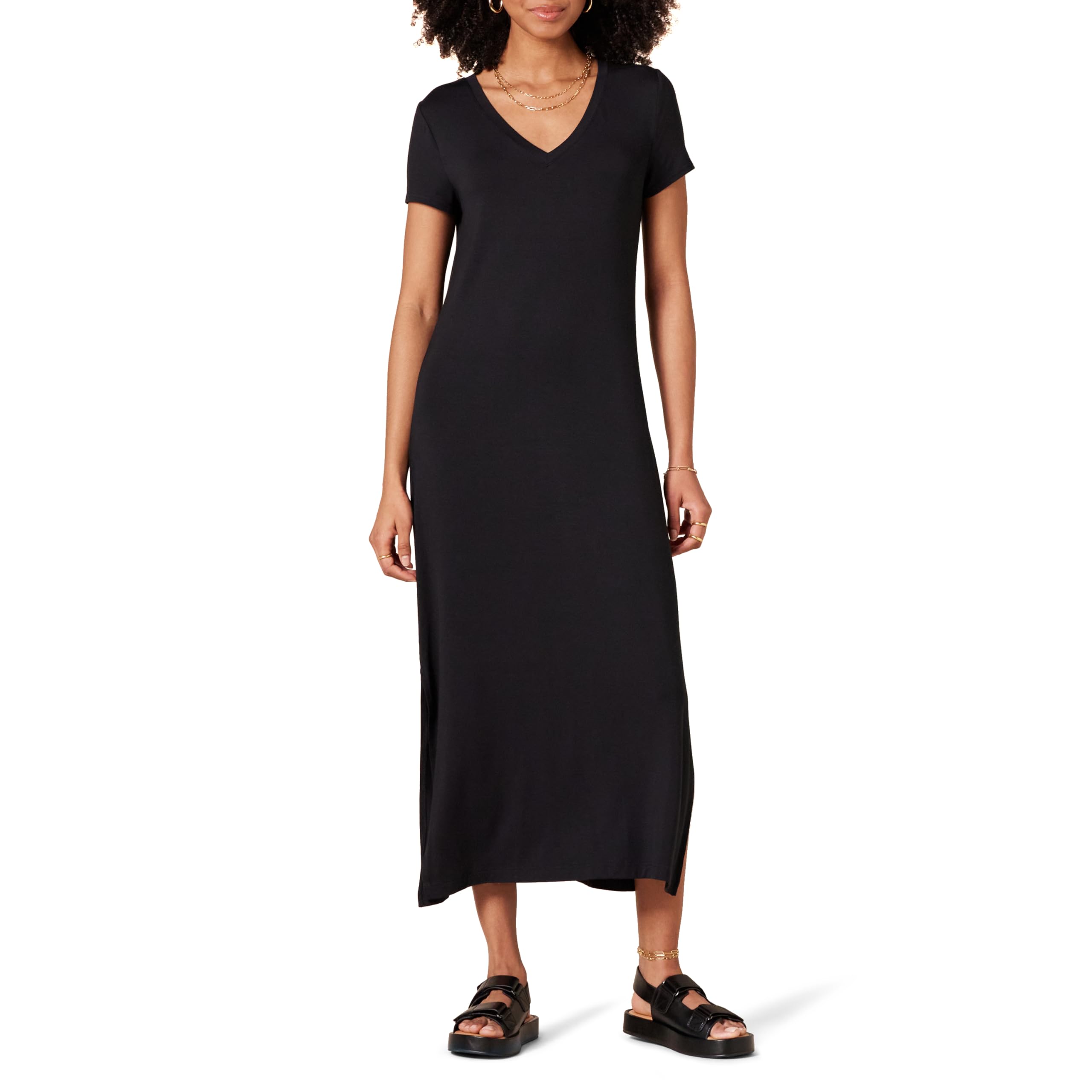 Amazon Essentials Women's Jersey V-Neck Short Sleeve Midi Length Dress