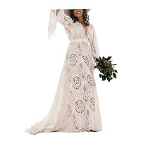 Boho Lace Wedding Dresses for Bride V Neck Beach Bridal Gown Long Sleeve Wedding Dress with Train