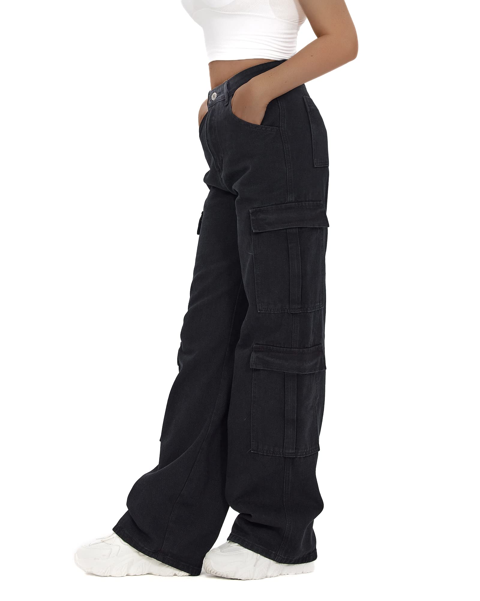 Women's High Waist Cargo Jeans Flap Pocket Baggy Cargo Pants Y2K Wide Leg Denim Jeans Y2K Streetwear Pants.