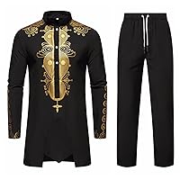 Men's Muslim Kaftan Thobe Long Sleeves Gold Stamping Henley Shirts Elastic Waist Pants Outfit 2 Piece Set Robe Gown