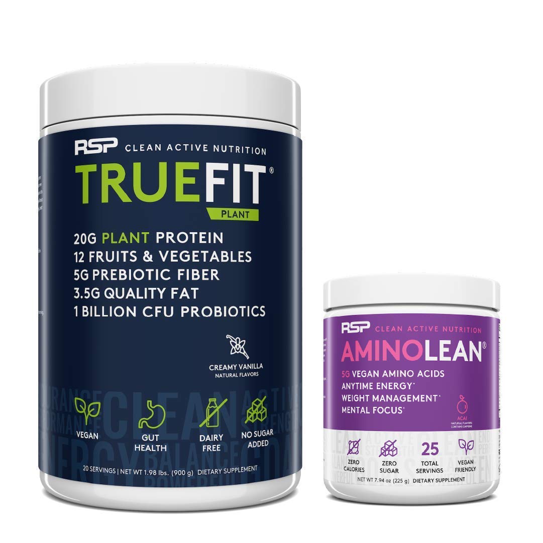 RSP NUTRITION Vegan AminoLean Pre Workout Energy (Acai 25 Servings) with TrueFit Vegan Protein Powder (Creamy Vanilla 2 LB)