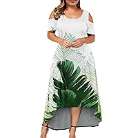 Womens Plus Size Dresses Short Sleeve Cold Shoulder Casual Floral Print T Shirt Swing Dress Summer Beach Sundress