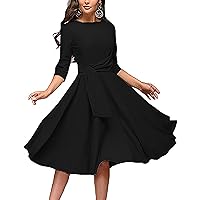 FENJAR Womens Elegance Audrey Hepburn Style Ruched 3/4 Short Ruffle Sleeve Casual Swing A-line Dress