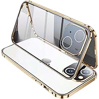Double Sided HD Clear Tempered Glass Phone Case, for Apple iPhone 14 Plus Case 6.7 Inch 2022 Magnetic [Metal Bumper Frame] Glass Cover (Color : Gold)