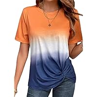 Women's Gradient Twist Knot Front Short Sleeve T-Shirt Summer Tops Round Neck Trendy Tee Shirt Comfy Casual Blouse