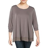 Style & Co. Womens Plus Mixed Media Ruched Sleeves Pullover Top Gray 1X