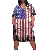 2024 Womens 4Th of July Dress Amercian Flag Mini Dress Short Sleeve V Neck T Shirt Dress Casual Summer Dresses with Pockets