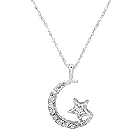 GILDED 10K White Gold 1/10 cttw Natural Round-Cut Diamond (I-J Color, I2-I3 Clarity) Moon and Star Pendant 18