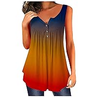 Summer Tank Tops Women Casual Loose Hide Belly Tunic Gradient Sleeveless Button Down Henley Shirt Casual Dressy Blouse