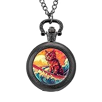 Surf Suring Cat Classic Quartz Pocket Watch with Chain Arabic Numerals Scale Watch