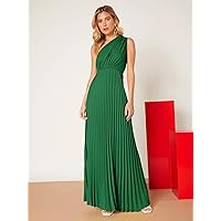 Women's Dress Dresses for Women One Shoulder Solid Pleated Dress (Color : Green, Size : X-Large)