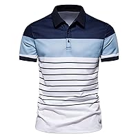 Mens Striped Workout T-Shirt Button Golf Shirt Short Sleeve Turn-Down Collar Tee Shirt Regular Fitted Casual T Shirts